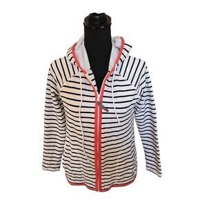 Talbots Womens Striped Full Zip Hooded Jacket Black White Medium Petite